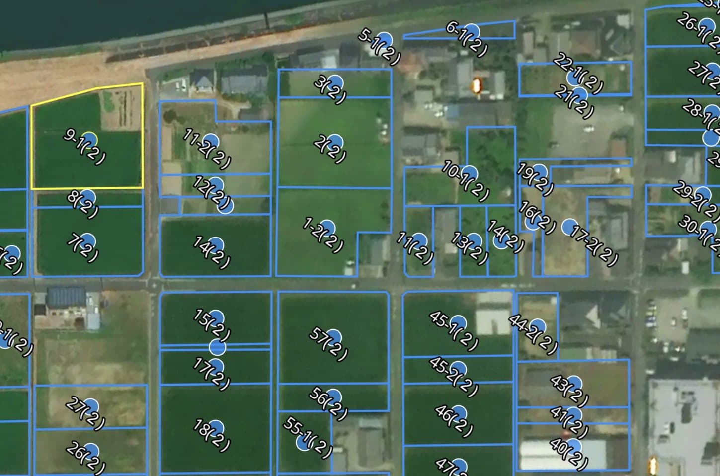 Clover GIS view showing agricultural parcel boundaries over satellite imagery
